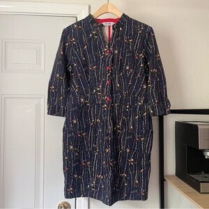 TOO TANG navy blue bird bamboo print knit long sleeve mini dress mod pinup retro